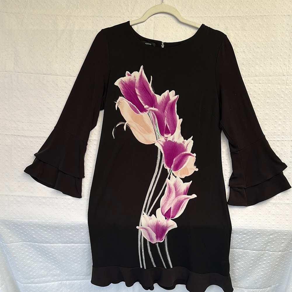 Alfani Black Sheath Sexy Dress with Pink Floral Bell Sleeves Wedding,Bridal .